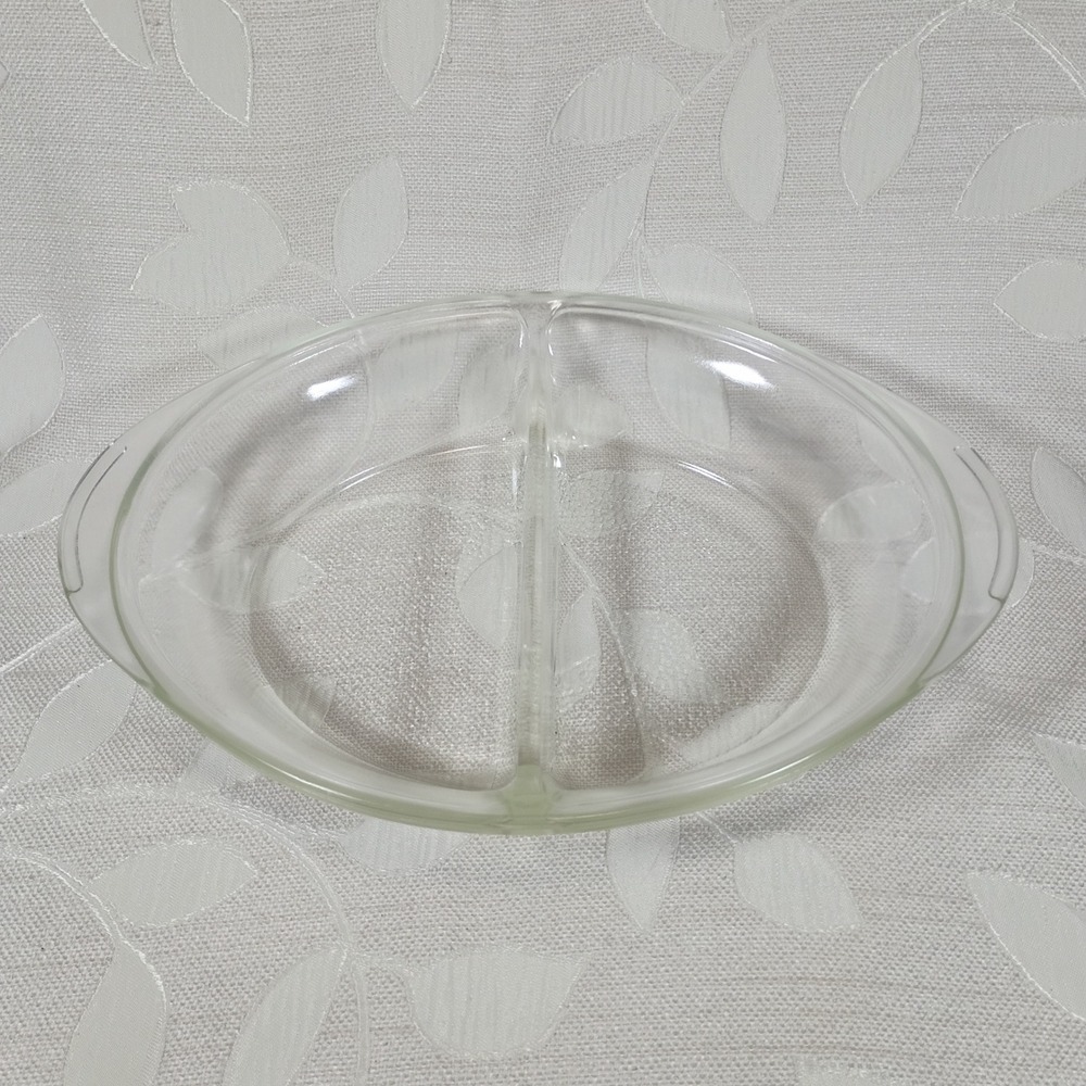 Vintage Glassbake J-239 Clear Divided Oval Casserole Dish Textured Bottom USA